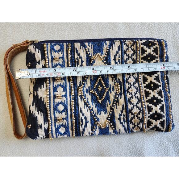 Macchia Di Ruggine Wristlet Purse Bag Beaded Blue Aztec Print Leather Strap - Picture 8 of 10